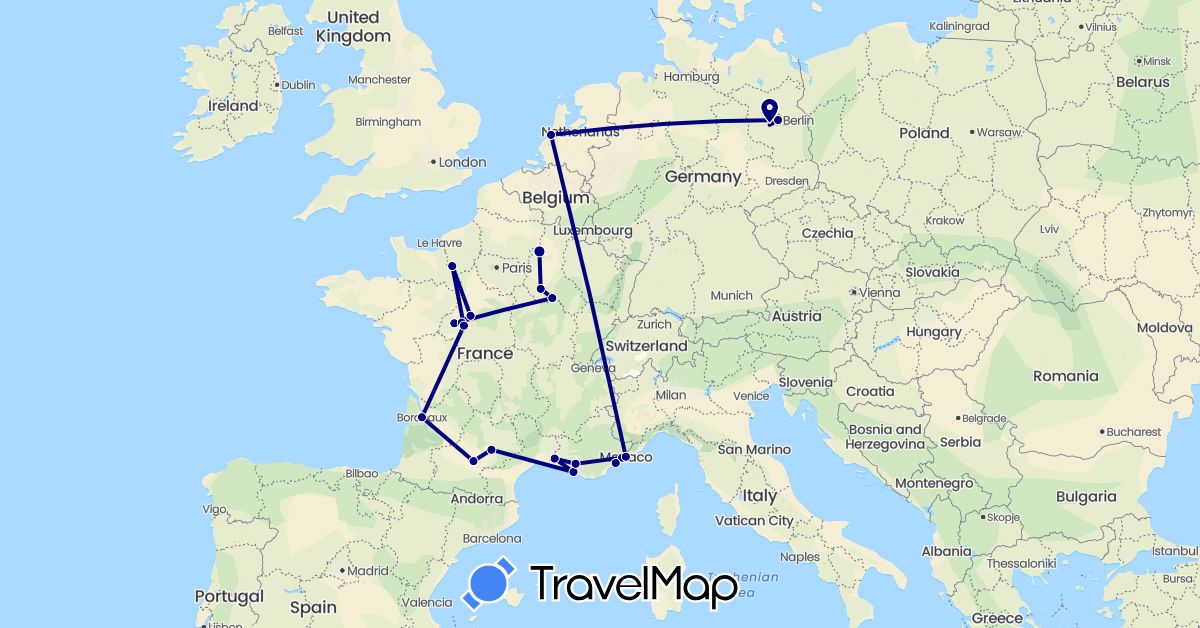 TravelMap itinerary: driving in Germany, France, Monaco, Netherlands (Europe)