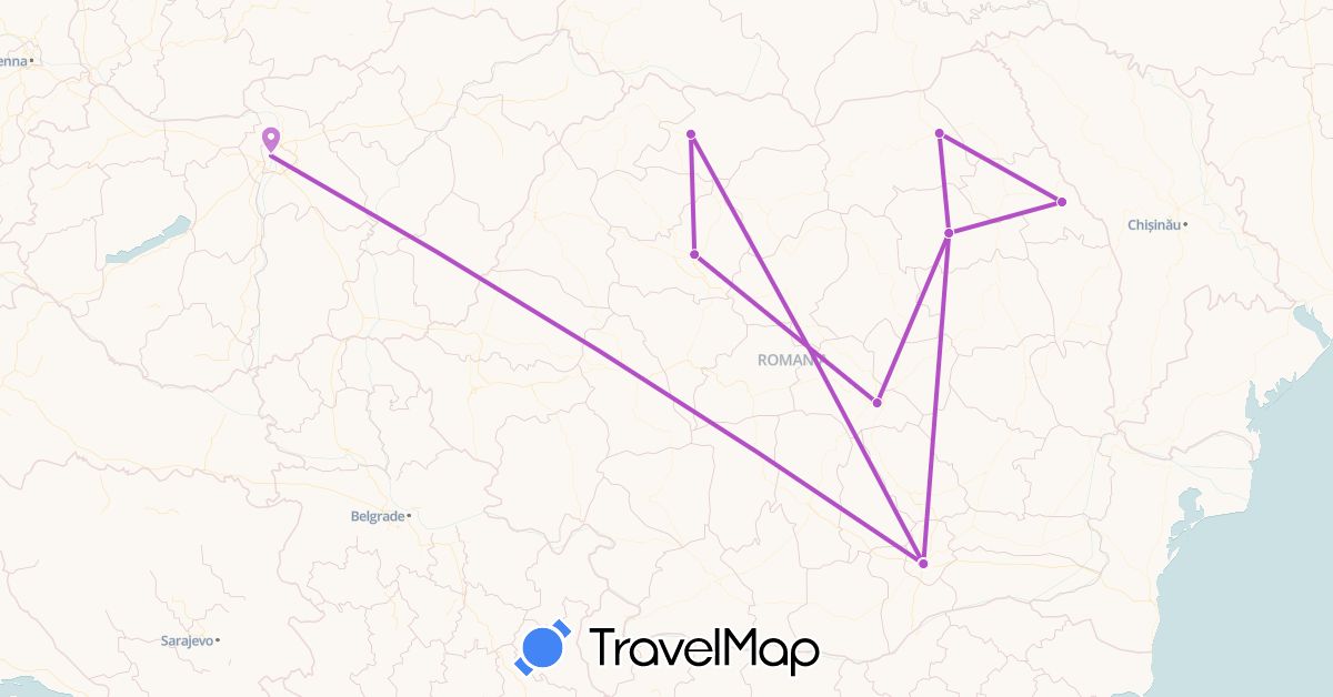TravelMap itinerary: driving, train in Hungary, Romania (Europe)
